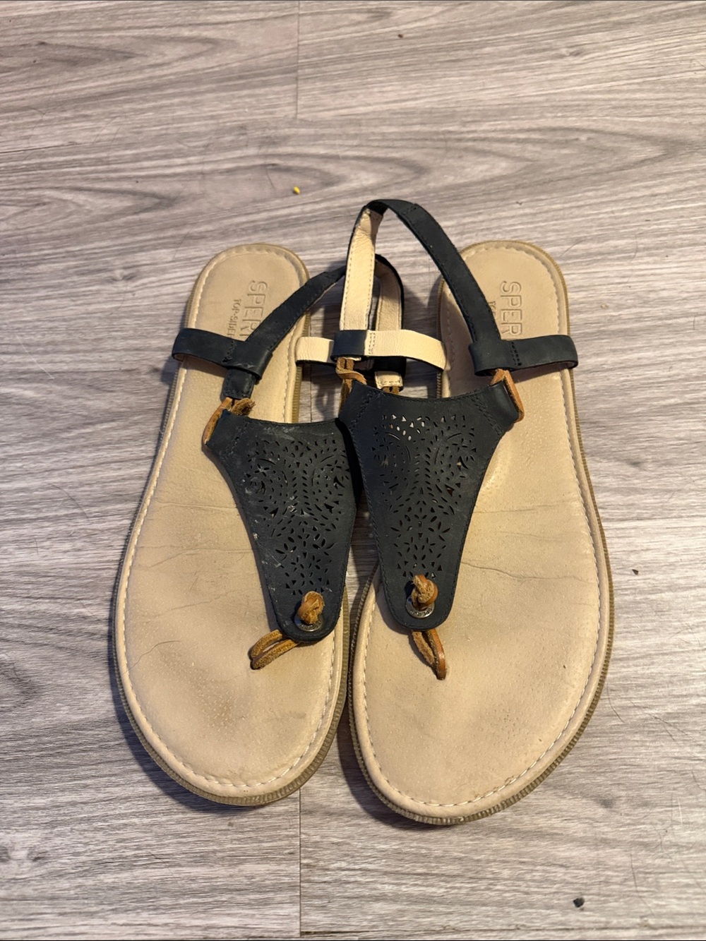 Sperry Black and Tan Laser-Cut T-Strap Sandals